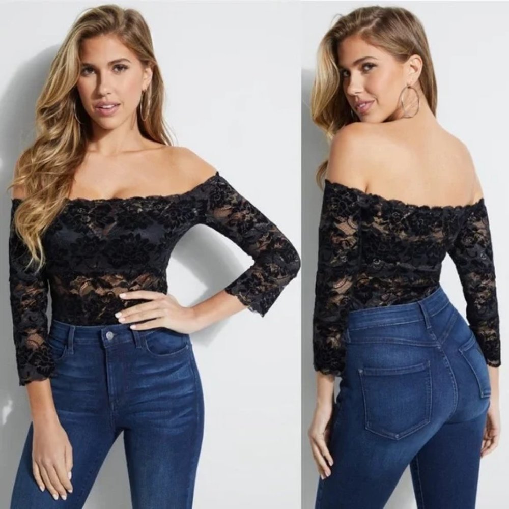 GUESS Kristy Off-The-Shoulder Lace Top Black Size Medium